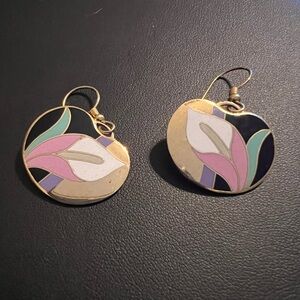 MEOW Signed Vintage Enamel Floral Gold-Tone Earrings